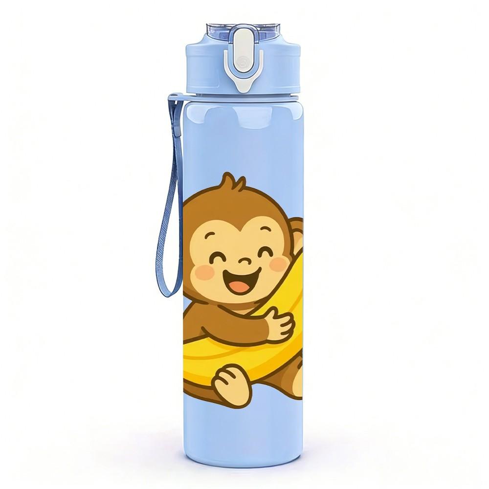 1PC Cute Brown Monkey Cartoon Print 750ml Color Plastic Sports Water Bottle Leakproof Flip Straw Lid Suitable for Sports Office Home Use