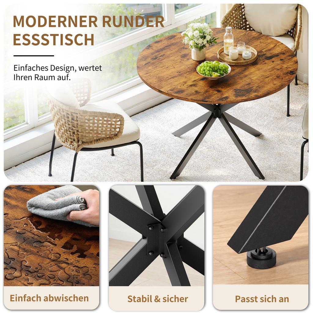 Round Dining Table Industrial Style diameter 120 cm Spacious with X-Legs Vintage Brown-Black Kitchen Living Room
