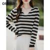 Spring and Autumn V-neck Striped Women's Long-sleeved Knitwear Loose Color Clashing Pullover Bottoming Shirt