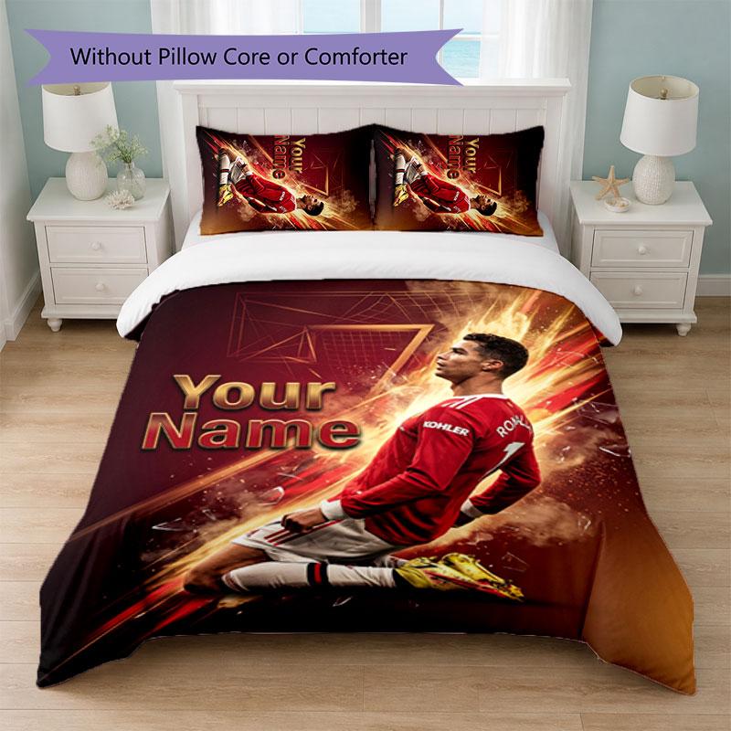 Cristiano Ronaldo Custom Name Text Bedding Set 1 Duvet Cover+2 Pillowcases Soccer Logo Personalized Gift For Special Occasion Bedroom Decor