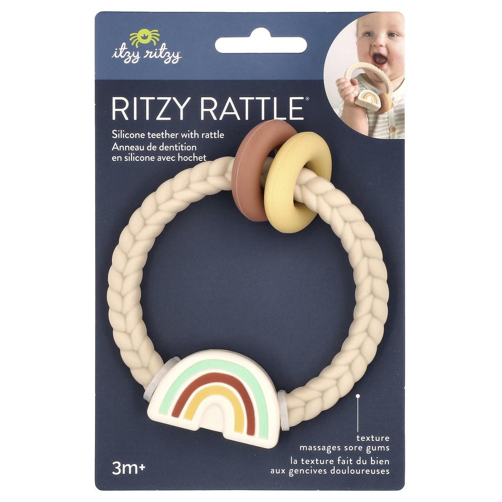 itzy ritzy Ritzy Rattle, Rattle Teether Made of Silicone, 3 Months or More, Neutral Rainbow, 1 Piece