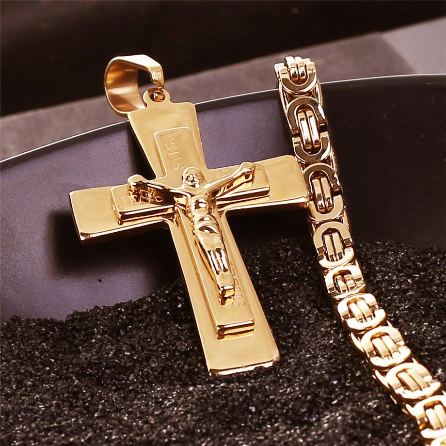Men's Necklace Big Cross Pendant & Chain Mens Gold Color Stainless Steel Christian Necklaces Male Iced Out Bling Jewelry