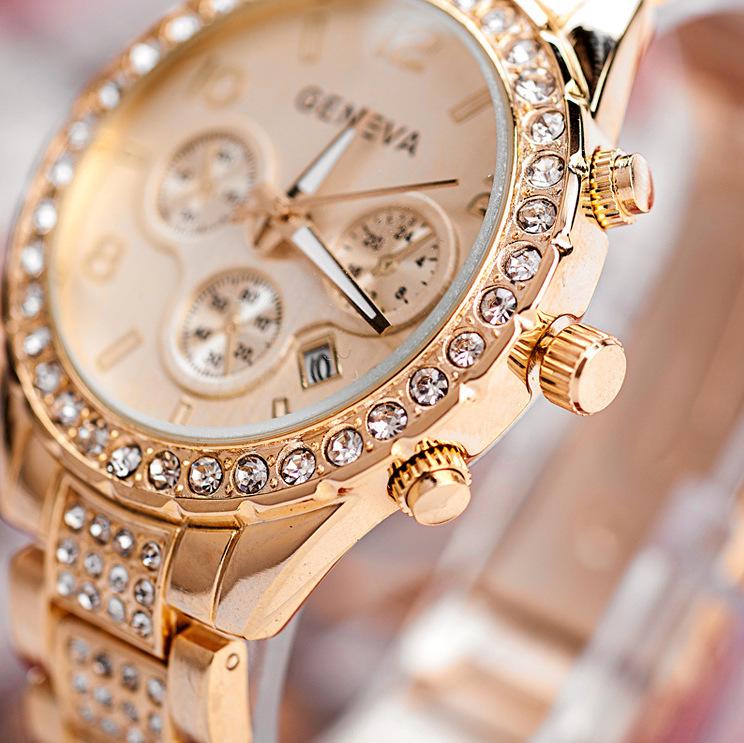 Женские модные часы Geneva со стальным браслетом, инкрустированным бриллиантами, - элегантный дизайн с тремя стрелками