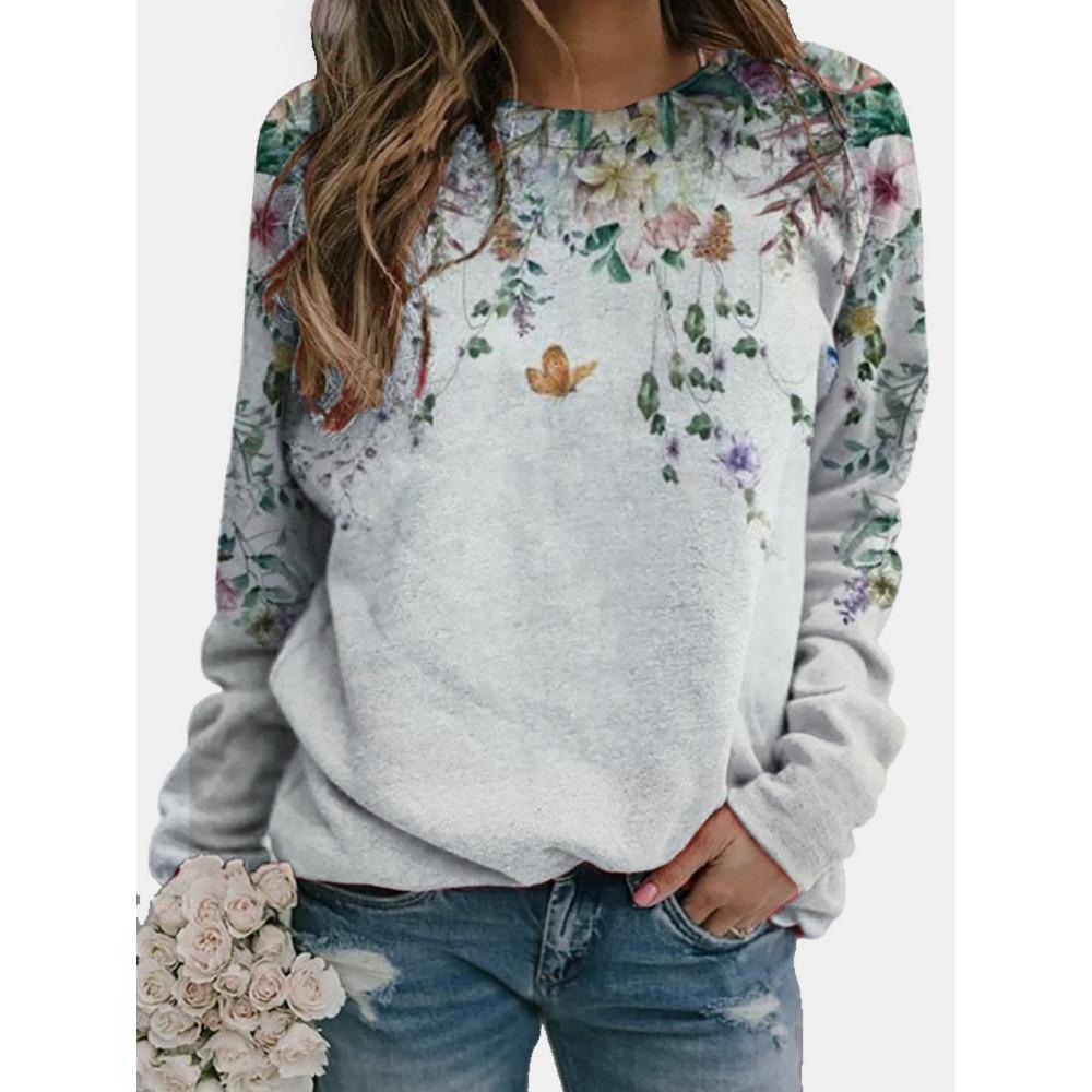 Women's Fashion Casual Loose Hoodie Round Neck 3D Flower Print Long Sleeved T-shirt Pullover Spring and Autumn Top