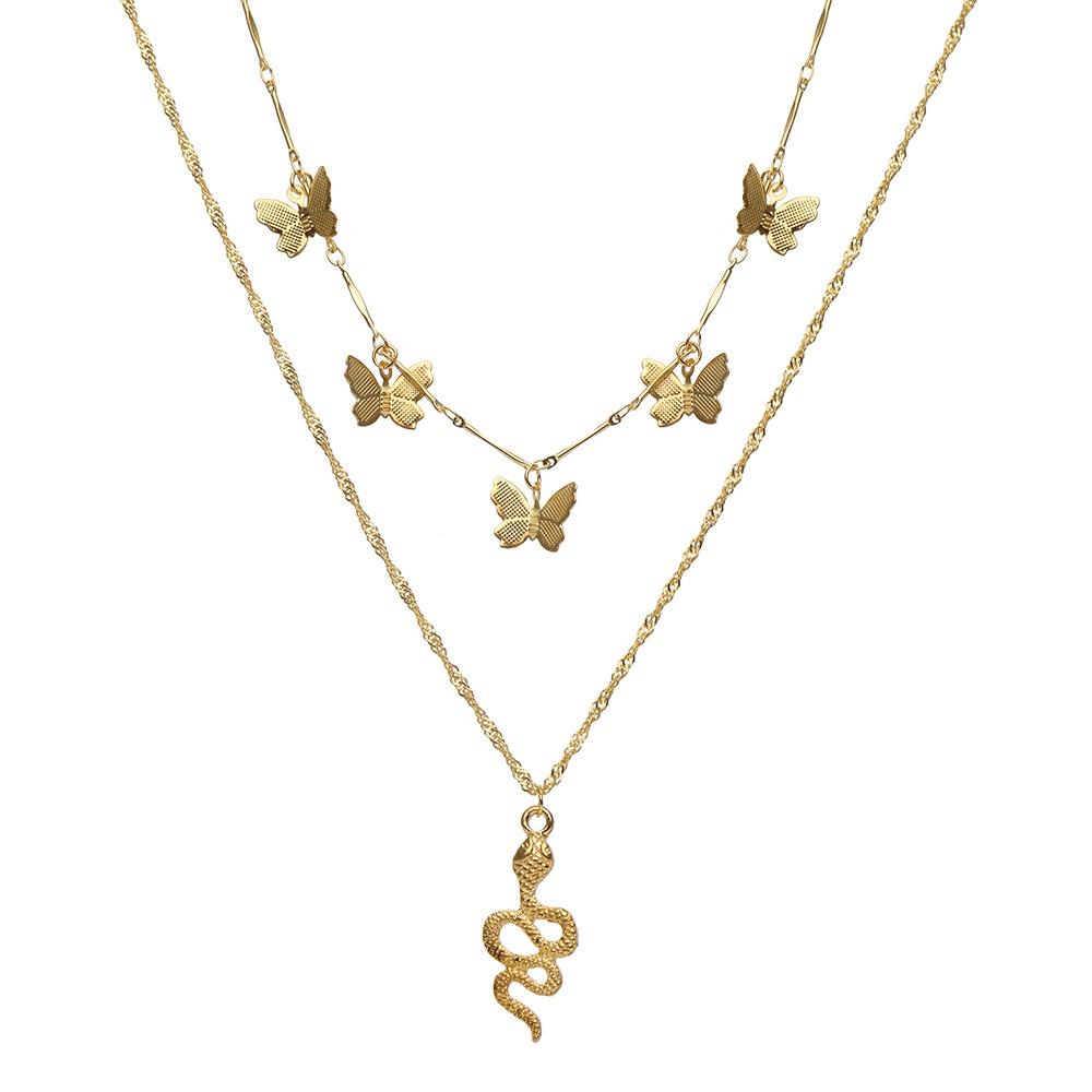 iF ME Модное многослойное золотое ожерелье, кулон с замком и бабочкой, змеей, цепочка, колье, женские ювелирные аксессуары