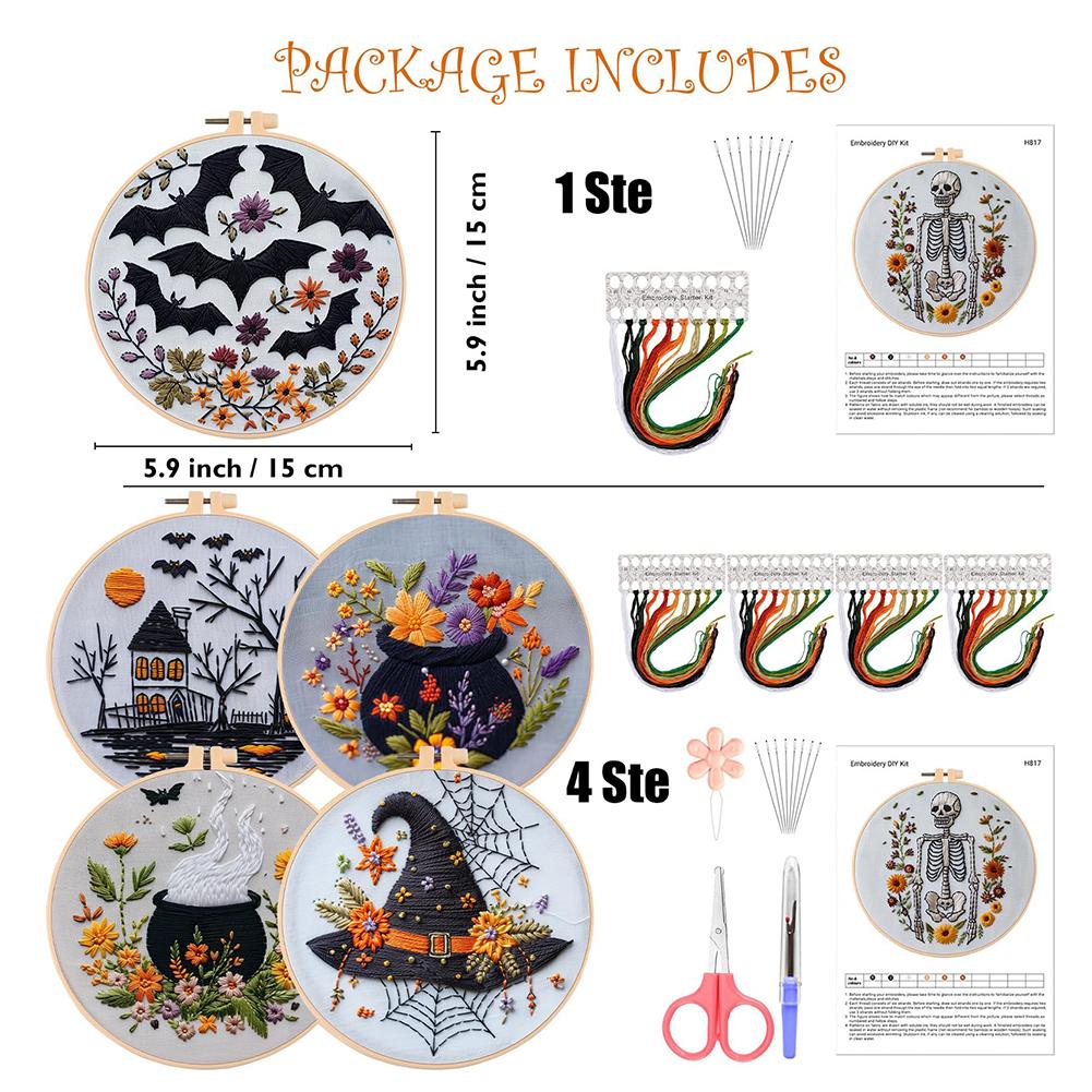 Halloween Gothic Embroidery Starter Kit Material Package Bat Skull Hat Bowl Cross Stitch Kit Beginners Embroidery Lovers Gift