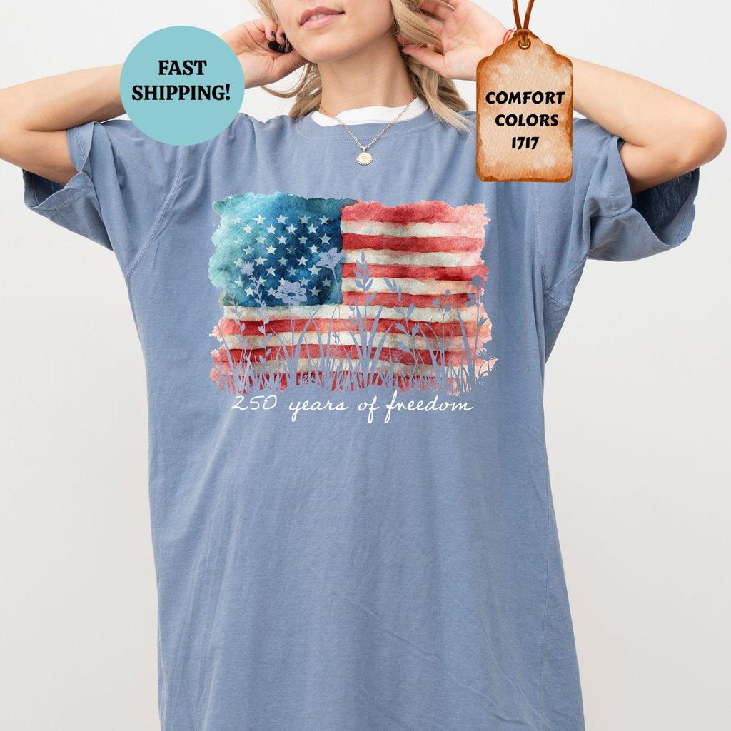 Comfort Colors® 250 Years of Freedom Shirt, 4th of July American Flag Floral T-Shirt