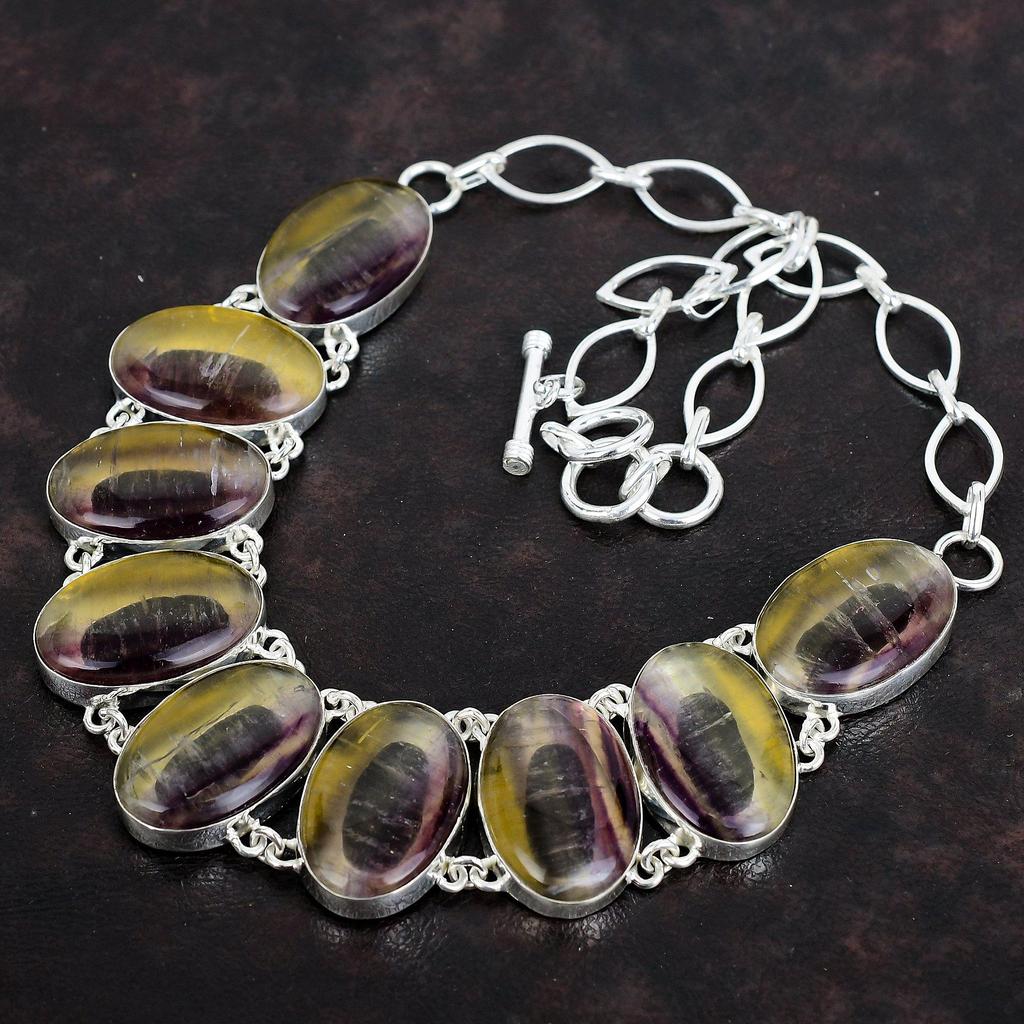 Ожерелье из многоцветного флюорита, ожерелье из драгоценных камней, старинные ювелирные изделия, ожерелье из стерлингового серебра 925 пробы, регулируемая цепочка, ожерелье ручной работы, ювелирные изделия для подарков