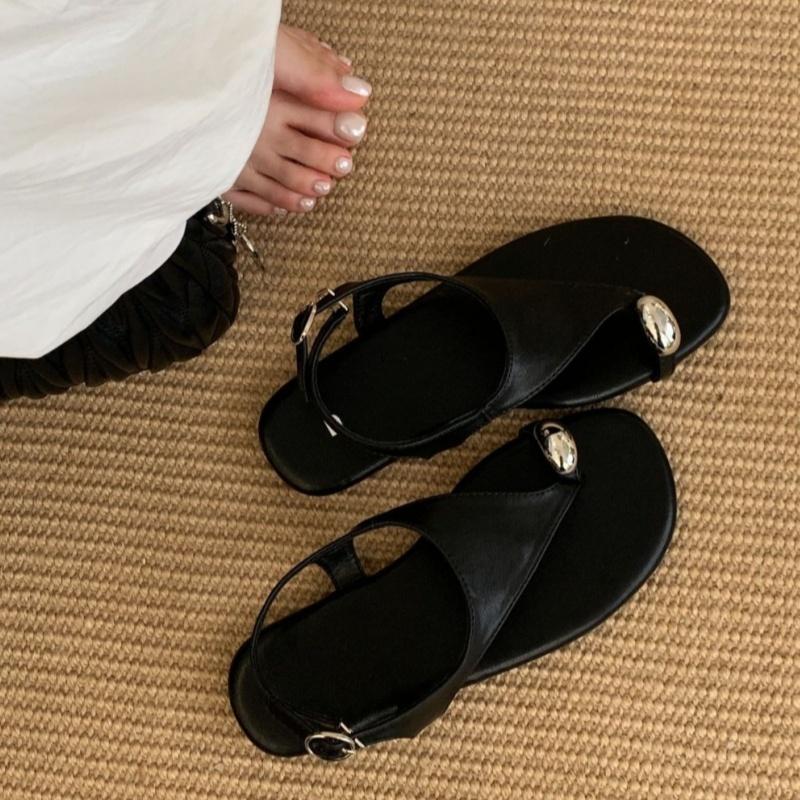 Summer Leather Women's Shoes Roman New Retro Vintage Metal Buckle Toe Herringbone Sandals Vacation Beach Elegant Women Sandals