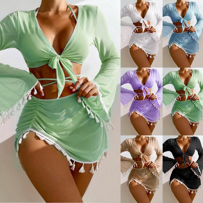 Women's Tassels Swimsuit Sexy 4 Pieces Swimwear Halter Bikini Set Bathing Suits