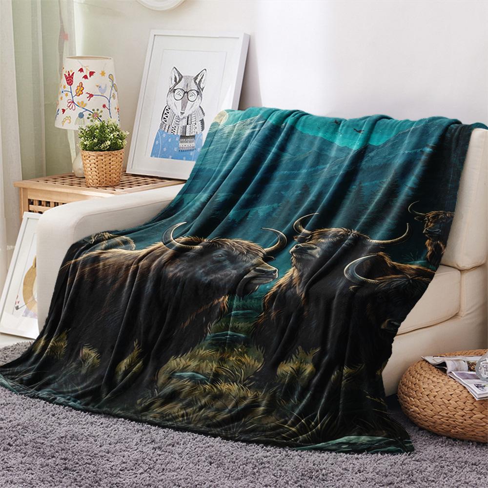 1PC Moonlit Highland Yaks Print FlAannel Blanket, High quality Comfortable for All Seasons, Home Decor, Warmth and Comfort