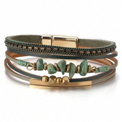 One Piece Европейский и американский стиль Натуральный камень Бусины Дизайн латунной трубки Веревка из коровьей кожи Женский зеленый браслет Летний пляж