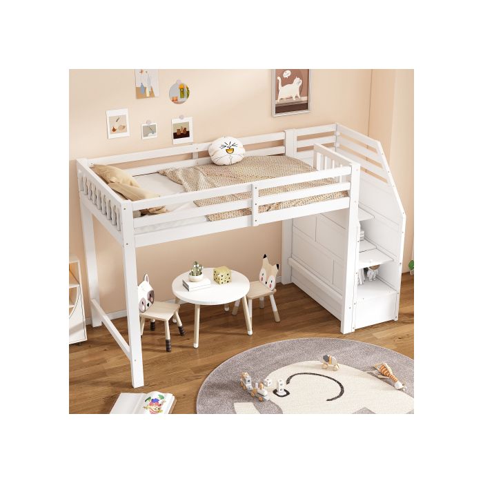 Lit mezzanine - MUVOE - 90x200 cm - Bois massif - Échelle de rangement - Garde-corps sécurisé