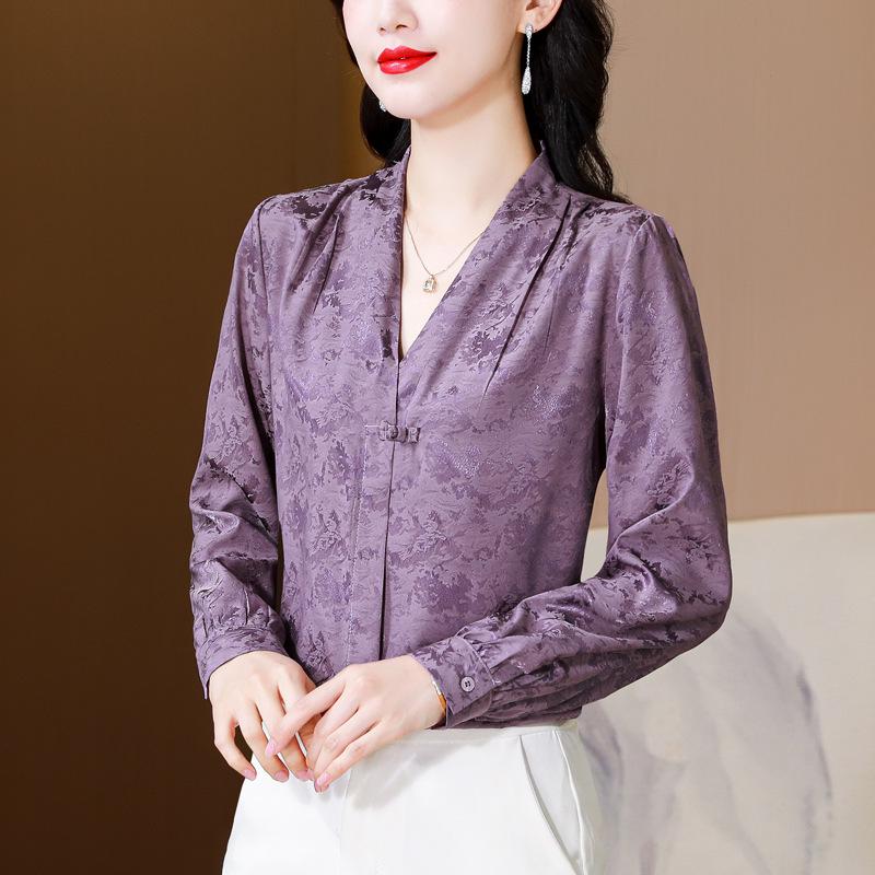 Женская зеленая рубашка из искусственного шелка Ханчжоу: Китайский стиль, длинный рукав, свободный крой, удобный и дышащий атласный топ.