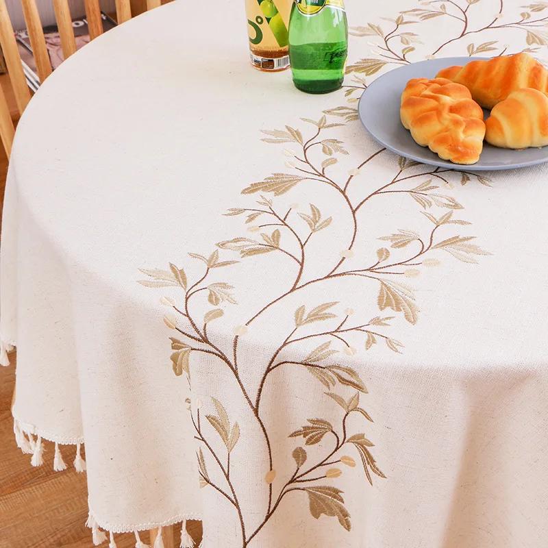 Round Tassel Embroidery Tablecloth Heavy Weight Cotton Linen Fabric Table Cover Kitchen Dining Restaurant Banquet Tabletop Decor