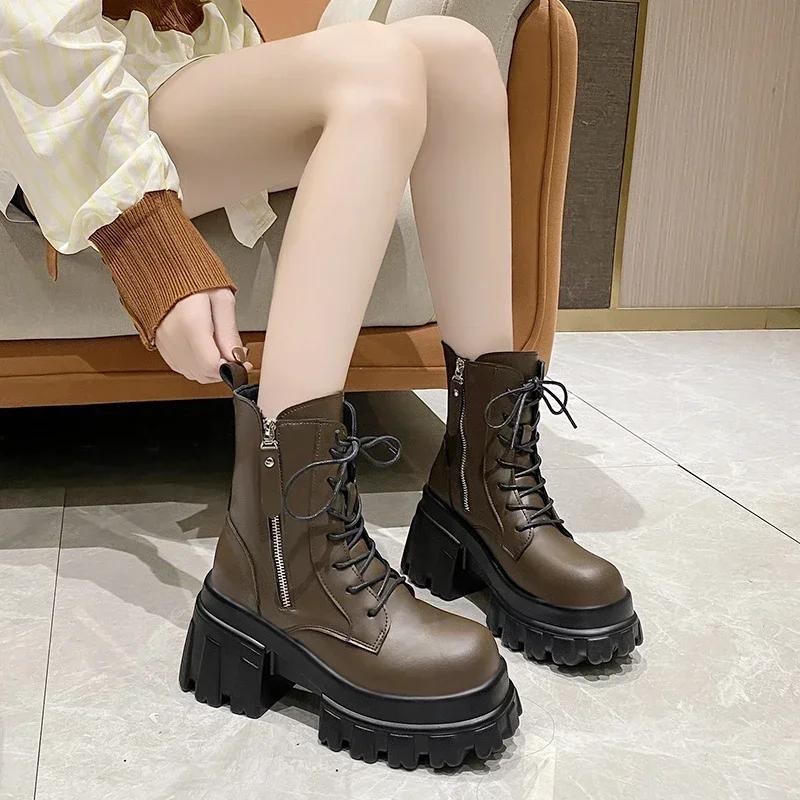 Модные осенние женские высокие ботильоны на платформе, зимние толстые подошвы, мотоциклетные ботинки, каблук 9,5 см, толстые металлические короткие кожаные кроссовки для женщин