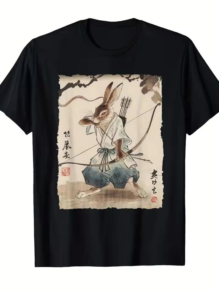Vintage Samurai Rabbit Archer Graphic T Shirt Men's Cotton Tee Women Summer Oversized Novelty Streetwear Casual Trendy