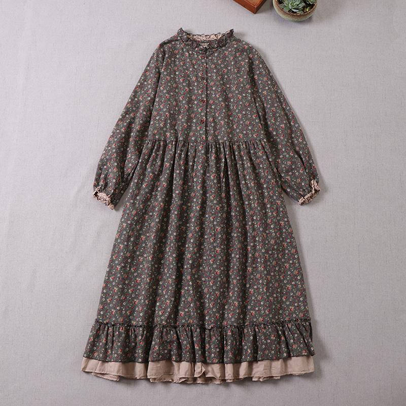 Mori Girl Autumn Spring Women Loose Long Dress Ruffled Collar Floral Cottagecore Dress Vintage Cotton Ruffles Elegant Chic Dress