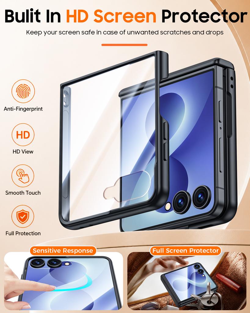 Protective Flip Phone Case with Full Hinge Protection and Built-in HD Screen Protector, Leather-Style Hard Shell for Samsung Galaxy Z Flip 8-Black