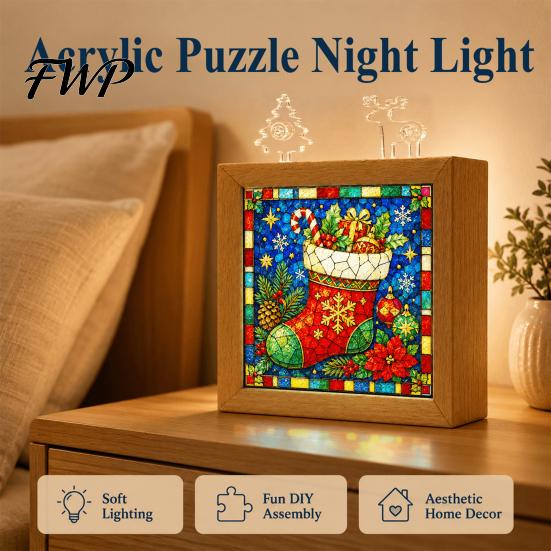 Bedside LED Night Light DIY Acrylic Puzzle Light, Hand Assembled Christmas Tree Jigsaw Lamp, Precision Cut Pieces Creative Decorative Desk for Bedroom