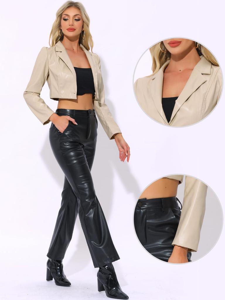 Allegra K Женский укороченный блейзер, Мото куртка из ПУ с воротником с лацканами, Однобортная из искусственной кожи, Абрикосовый, Размер XL