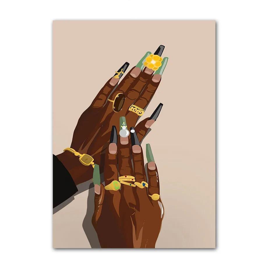 Черное искусство Мода Хип-хоп Девушка Маникюр Ювелирные изделия Губы Постер Африканская Черная Женщина Красивые Ногти Живопись Картинки Гостиная Салон Красоты Декор