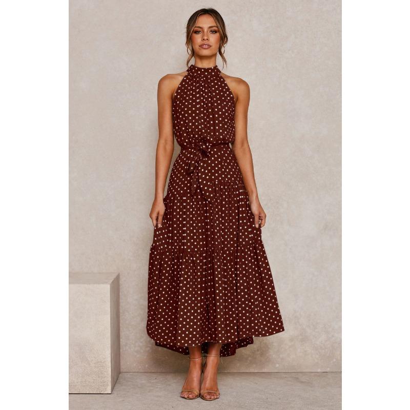 Женское длинное платье с воротником-стойкой и принтом в горошек