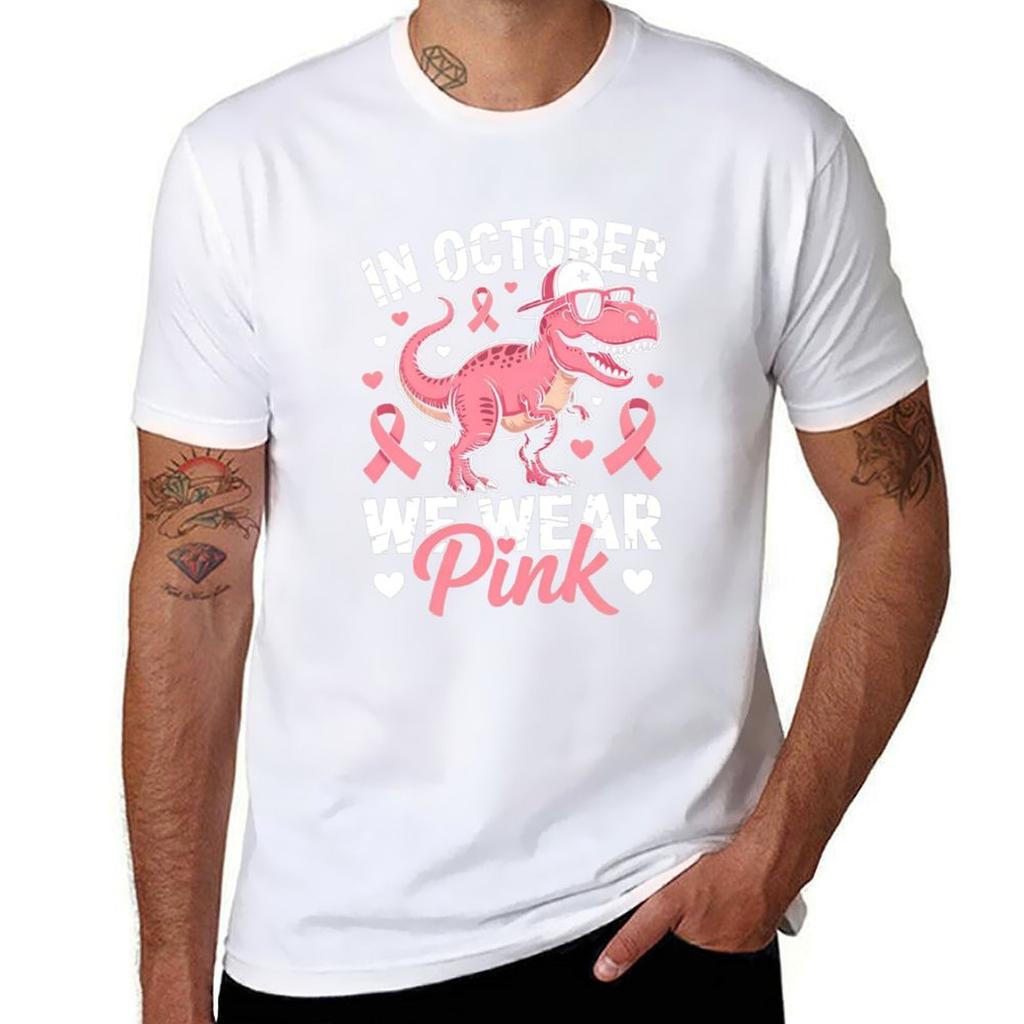 In October We Wear Pink Breast Cancer Awareness Dinosaur Kid Tshirt Sports Fans Clothing Clothes Heavyweight T Shirts For Unisex