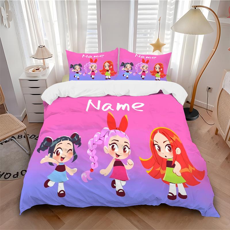Custom Name kpop cartoon Girl Bedding 3 Piece Set HD Print Duvet Cover Pillowcases for Teens Adult Bedroom Decoration