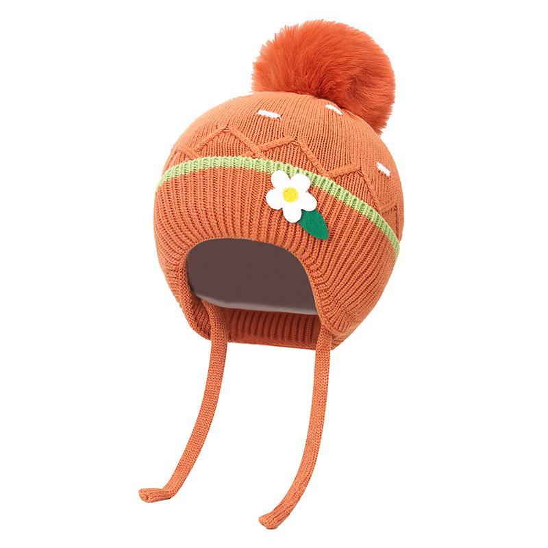 Детская утепленная шерстяная шапка осень-зима для девочек, толстая теплая вязаная шапка с цветочным узором и шариком для ушей