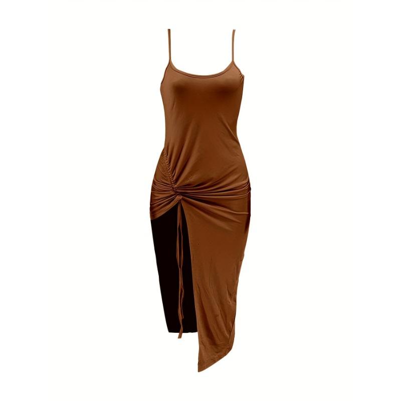 Drawstring Bodycon Cami Dress, Sexy Split Spaghetti Strap Dress, Women's Clothing