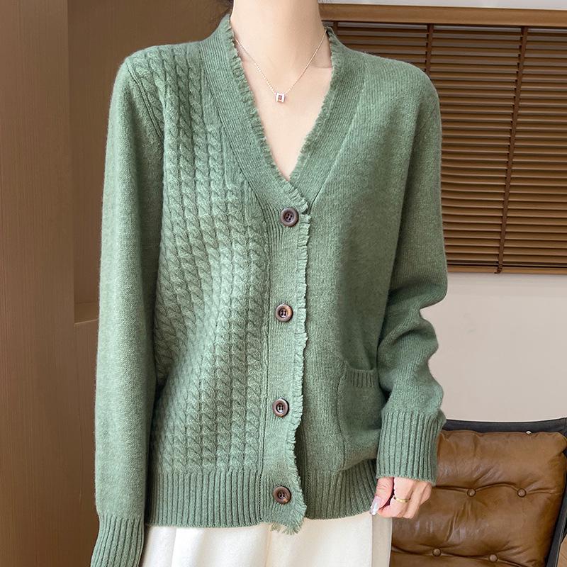 Женский кардиган из 100% шерсти с V-образным вырезом и бахромой - Мягкая вязка свободного кроя для весны и осени