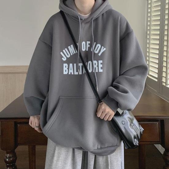 Мужская осенне-зимняя толстовка с капюшоном и буквенным принтом, свободная толстая теплая пуловер с длинными рукавами, ретро средней длины, эластичная манжета на шнурке, толстовка с большим накладным карманом