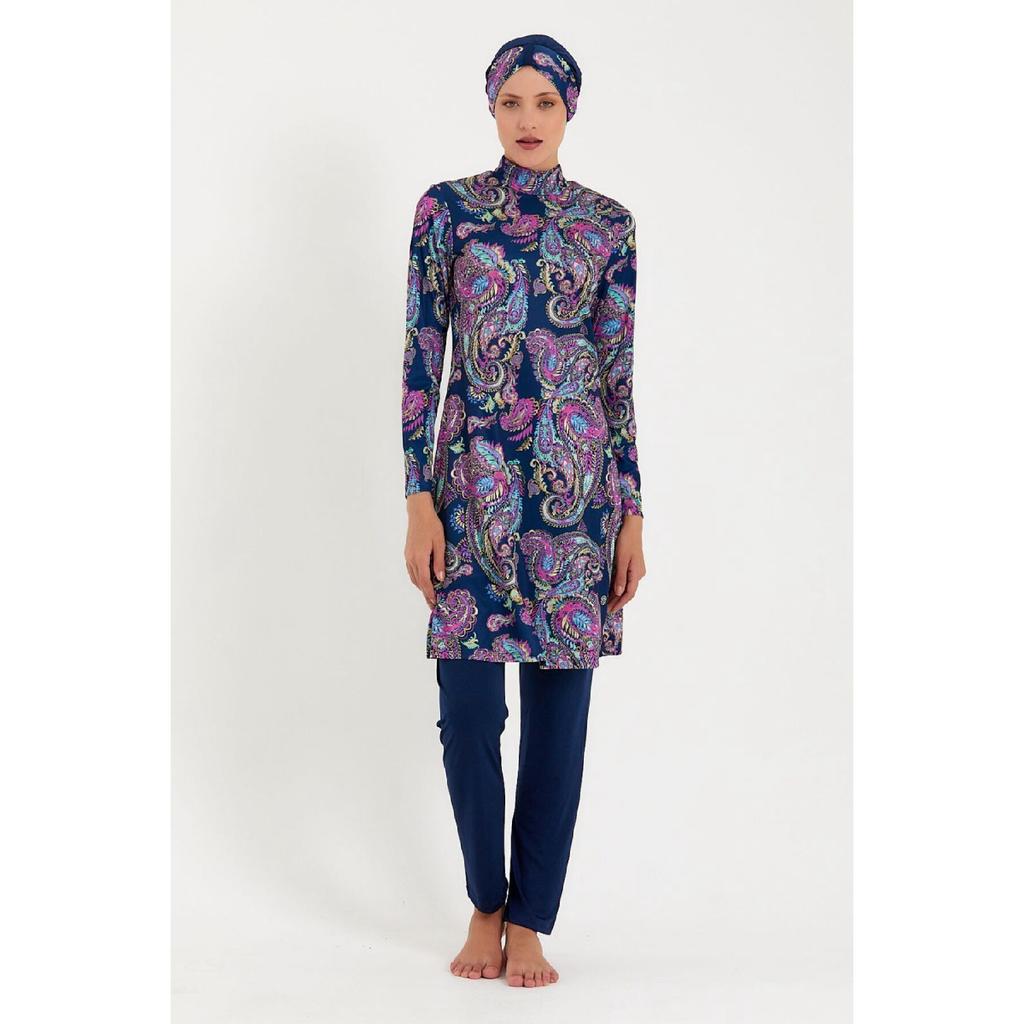 Женский полностью закрытый купальник-хиджаб из лайкры с узором темно-синего цвета