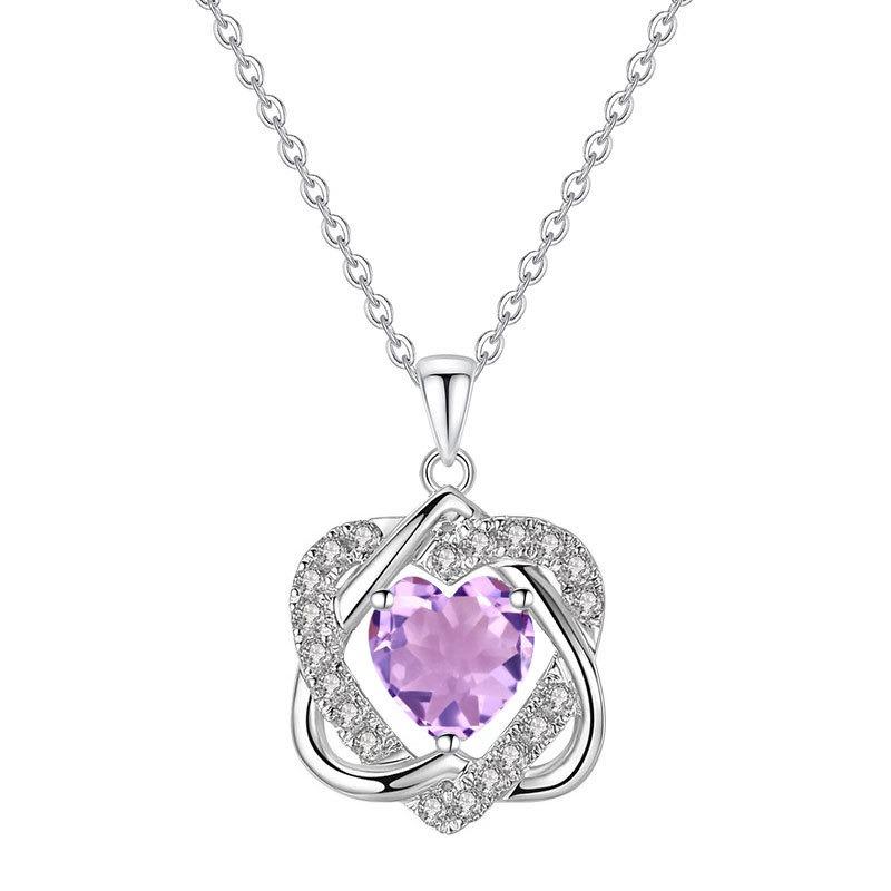 Women's S925 Sterling Silver Double Heart Necklace Natural Crystal Garnet Peridot Clavicle Chain