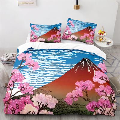 Комплект постельного белья в японском стиле Ukiyo-e из полиэстера с изображением цветущей вишни и снежных гор, пододеяльник King Queen Full Size