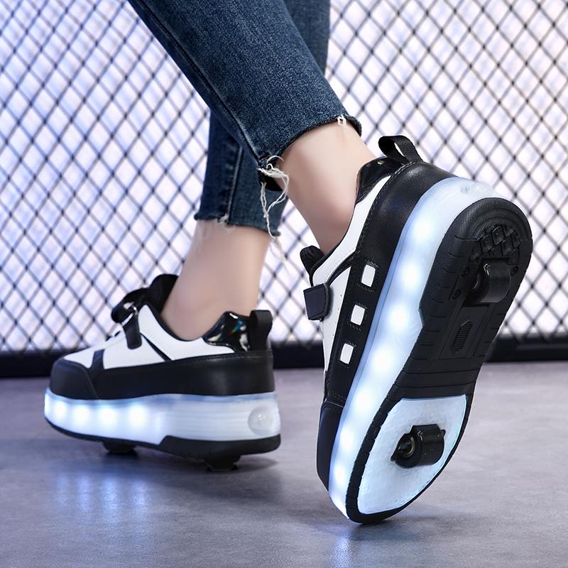 Детские светящиеся спортивные туфли, резиновые туфли, твердые волшебные патчи, зарядные устройства, двухрядные скользящие туфли с колесами