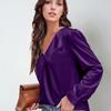 Women's Satin Pleated Long-sleeved Top with a V-neck, Casual Loose Tinted Commuter Shirt