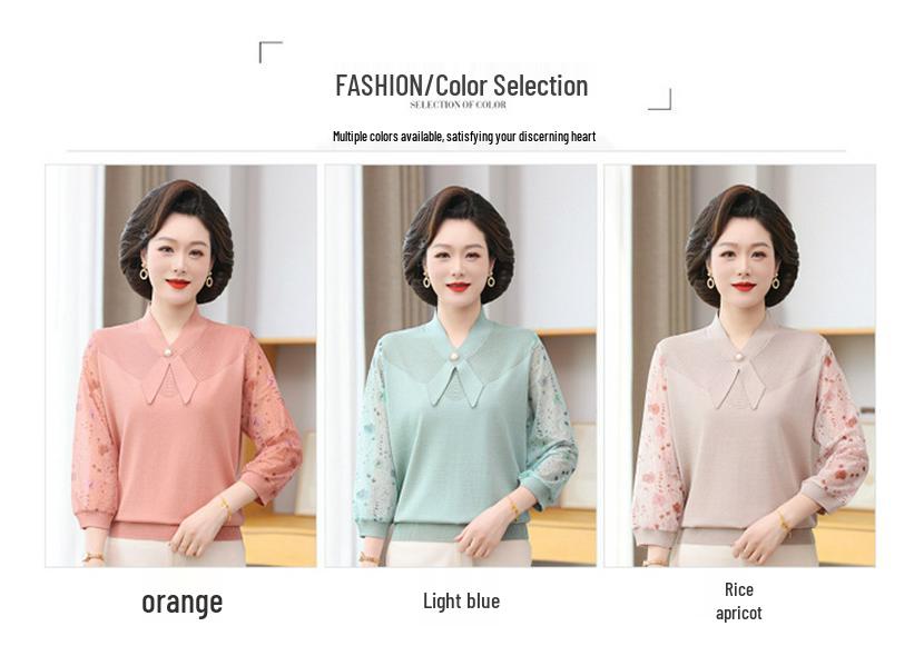 Spring Knit Top: Gauze Sleeve Shirt for Middle-Aged & Elderly Women - 7-Sleeved