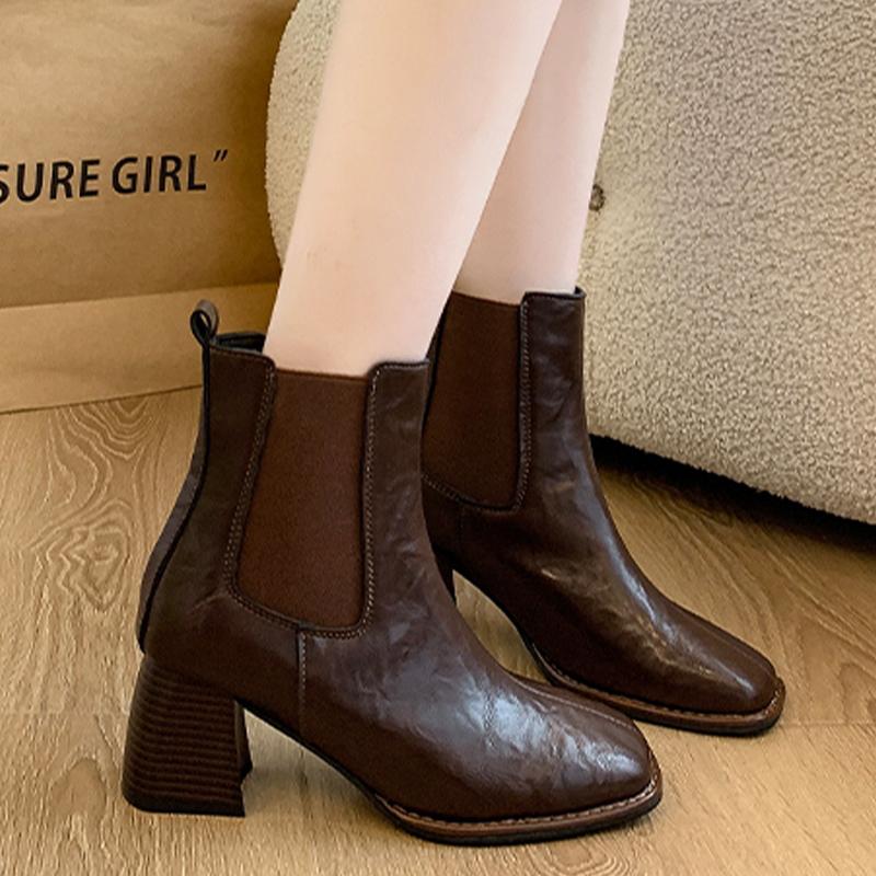 Square Toe Chunky Women Ankle Boots Leather High Heels Retro Elegant Shoes 2025 Trend Winter Designer Classic Pumps Botas Mujer