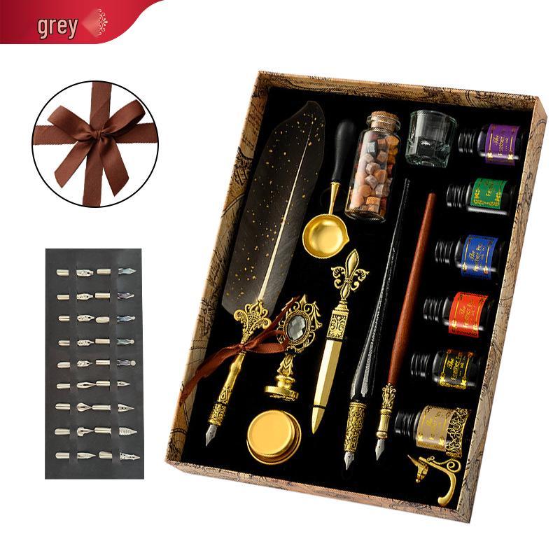British Style Gold Splatter Feather Pen Set with Custom Logo - Ink Dipping Set, Birthday Gift