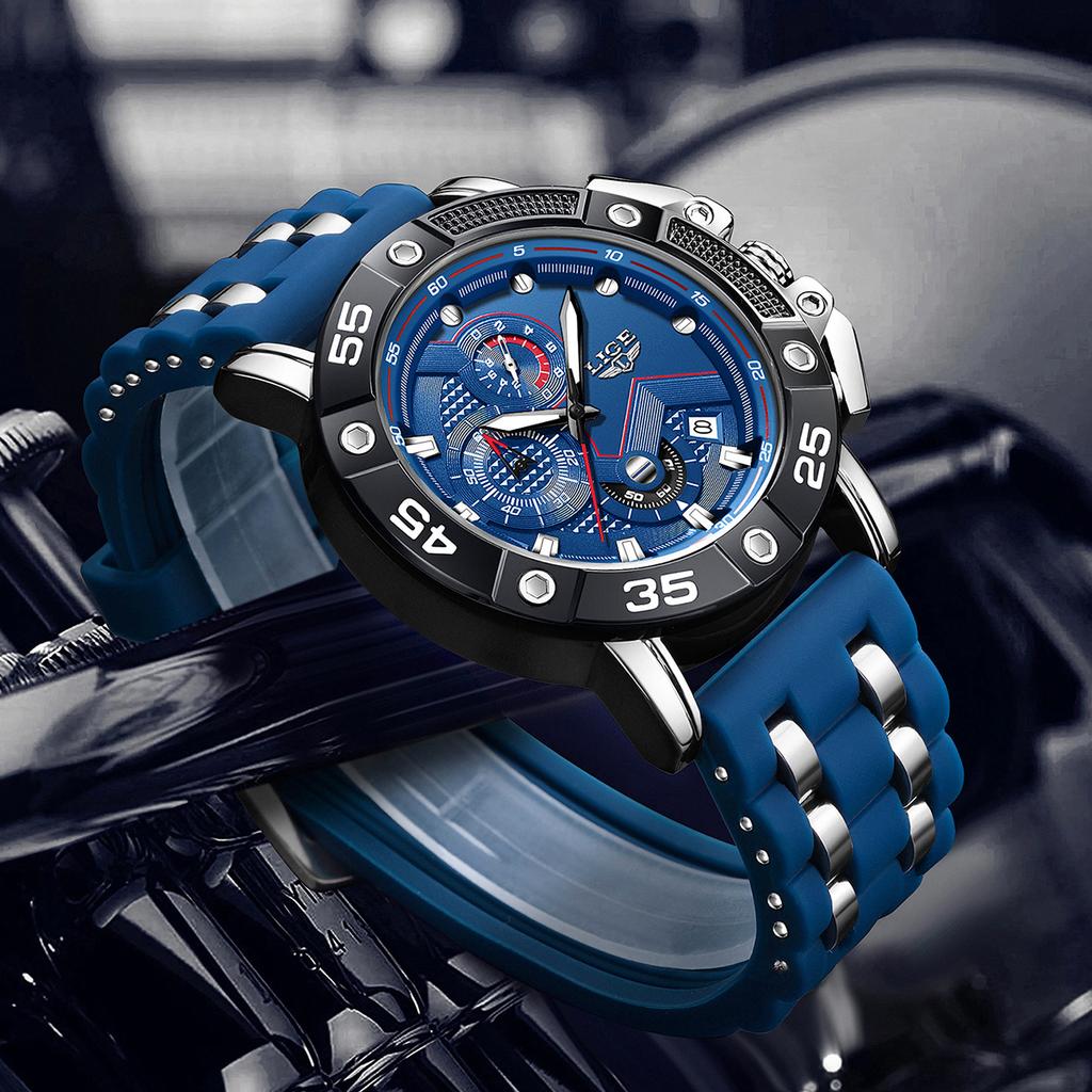 LIGE Big Dial Watch Men Fashion Business Watch Men Military Silicone Sports Waterproof Quartz Chronograph Relogios Masculino+Box