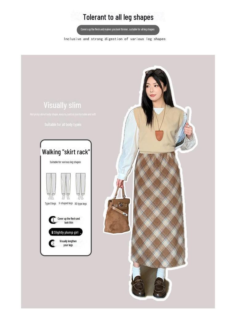 Женская шерстяная клетчатая юбка с высокой талией - узкий А-силуэт средней длины, утолщенная для осени/зимы 2024 г.