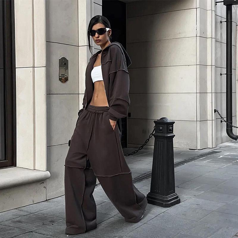 Women Casual Classic Solid Tracksuit Panelled Stripes Sporty Simple Hooded Zip Jacket Loose Wide Leg Pants Two Piece Sets