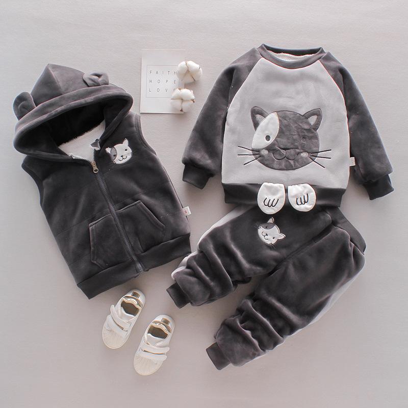 3Pcs/Set Toddler Infant Baby Boys and Girls Winter Warm Long Sleeve Thickening Hooded Coat +Outerwear Jacket +Pant Kids Lovely Cat Golden Velvet Suit