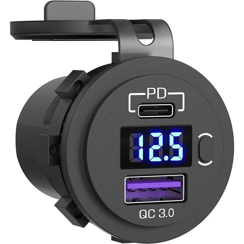 Автомобильное зарядное гнездо USB C 12 В/24 В, двойное USB-гнездо PD3.0 и QC3.0, автомобильный USB-порт со светодиодным вольтметром и выключателем вкл./выкл.