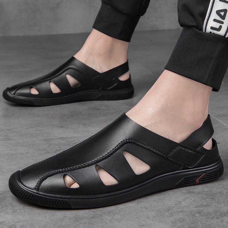 Fashion Summer Outdoor Mens Hollow Out Loafers Casual Leather Flats Breathable Slip On Business Driving Sandals Non-slip Men's Sandals