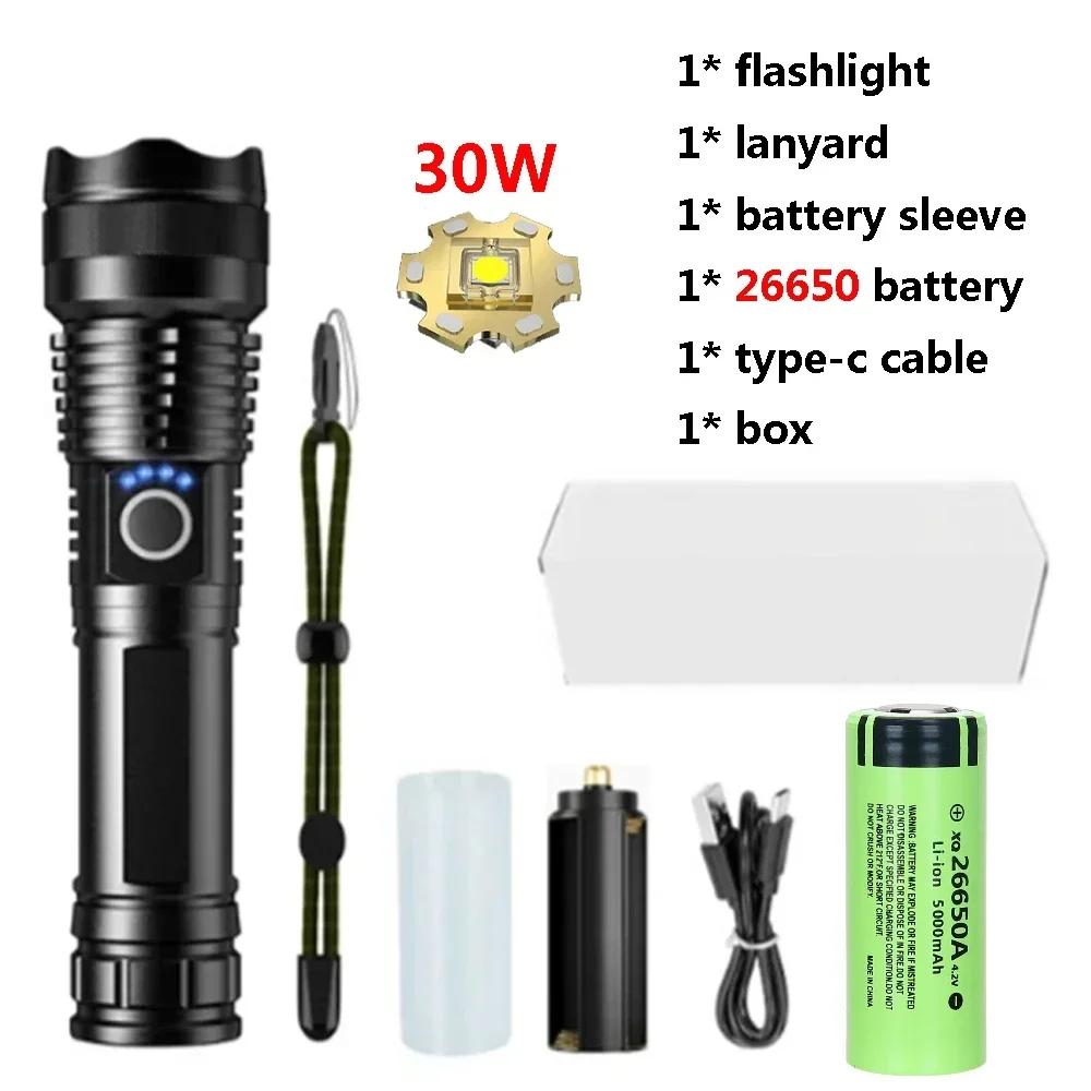 30W High Power Led Flashlight Telescopic Zoom Portable USB Rechargeable LED Lamp Emergency Spotlights Outdoor Camping Torch