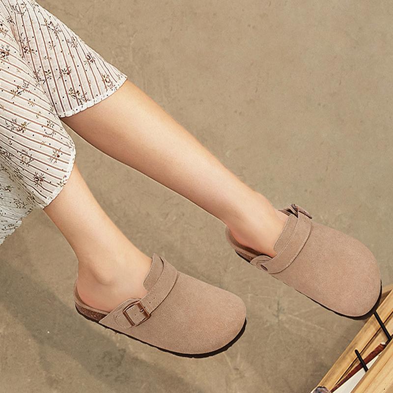 Fashion Litfun New Women's Clogs Slippers Cork Footbed Leather Lady Sandals With Adjustable Buckle Outdoor Comfort Fashion Women's Mules