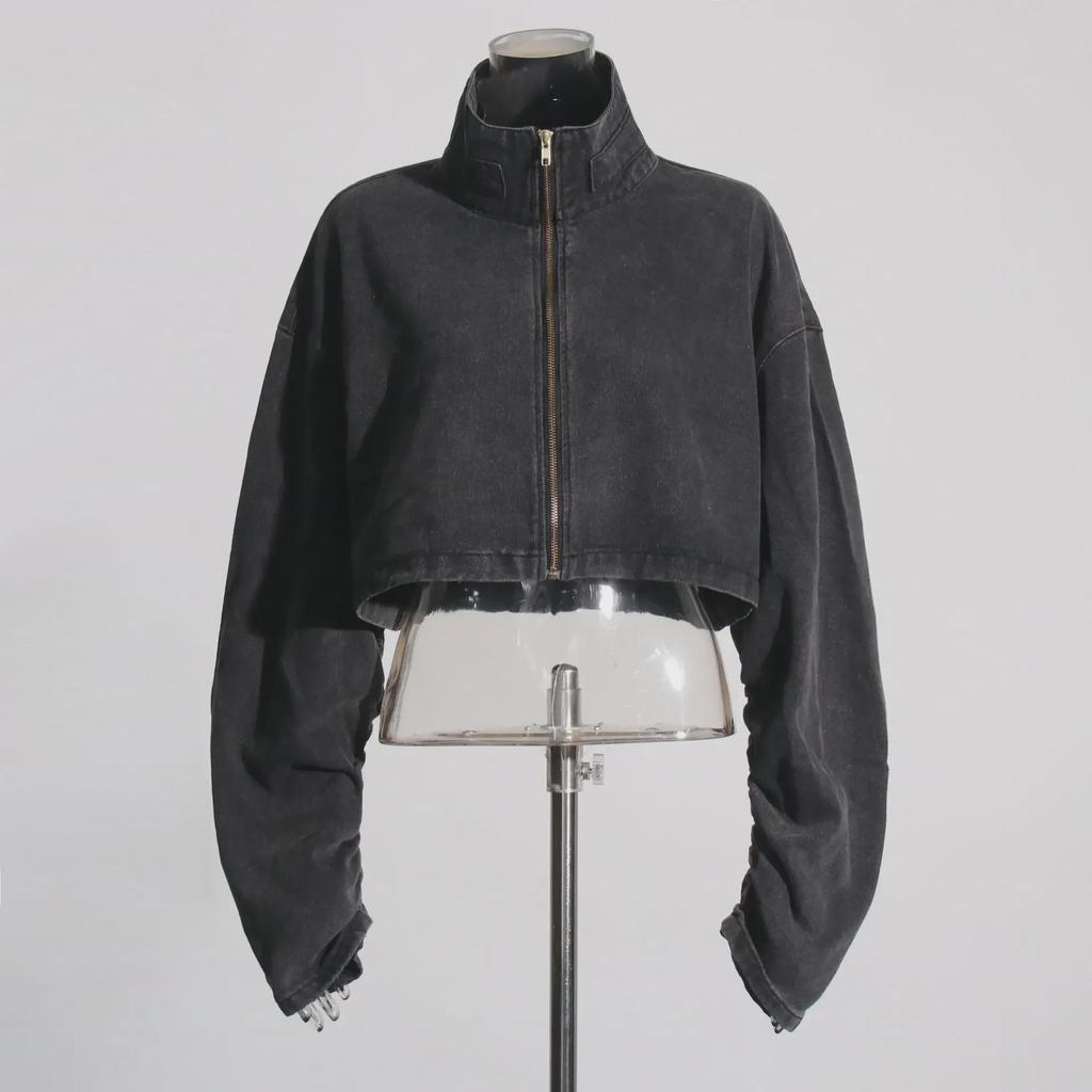 European & American Retro Workwear Denim Suit with Long-Sleeved Crop Top & High-Waist Wide-Leg Pants for Spring/Summer 2025.